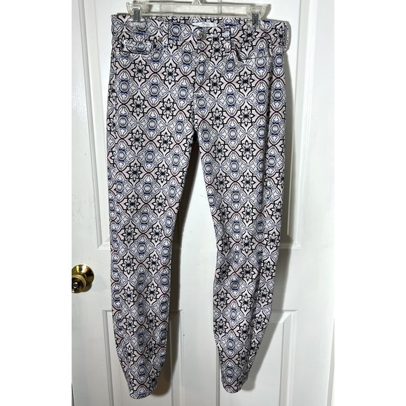 7 For All Mankind Sz 31 Stained Glass Mosaic Pink Blue Cropped Jeans POSH36 - Picture 1 of 16